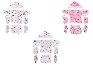 Toddylon Newborn Baby Jhabla Set with Baby Nappies, Cap, Mitten and Booty -Pack of 3 (0-6 Months) (Assorted)