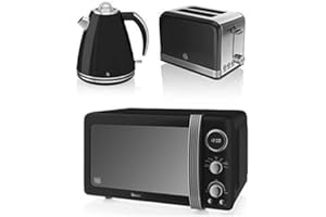 New Swan Kitchen Appliance Retro Set - Black Digital 20L Microwave, Black 1.5 Litre Jug Kettle & Black Retro Stylish 2 Slice Toaster Set