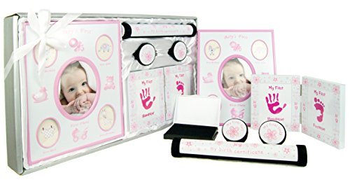 New Baby Girl Gift 5 Piece Keepsake Set First Photo Frame, Curl and Tooth Box, Handprint Footprint Prints Kit Pink White
