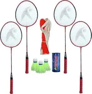 Hipkoo Sports Standard Aluminum Badminton Rackets Set of 4| Wide Body Shuttle Bat with Cover, 3 Shuttles and Net| Ideal for Beginner| Lightweight and Sturdy| Red