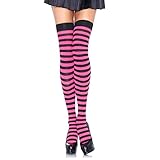 blickdichte Strümpfe LEG AVENUE 6005 - Overknee Halterlose Strümpfe Mit Streifen, Einheitsgröße (EUR 36-40), schwarz/neon pink, Damen Karneval Kostüm Fasching