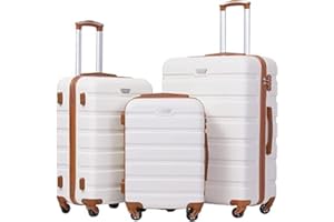 COOLIFE Valigie Valigia Trolley rigido ultraleggero e capiente,Chiusura a combinazione laterale con TSA, 4 ruote per facilitare il trasporto (Bianco marrone, Set da 3 Pezzi)