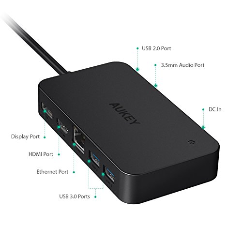 AUKEY Surface Dock Hub mit Dual USB 3.0 Ports, USB 2.0 Port, Audio Output, DisplayPort, HDMI Output und RJ45 Gigabit Ethernet Power Adapter für Microsoft Surface 3, Surface Pro 4 - 3