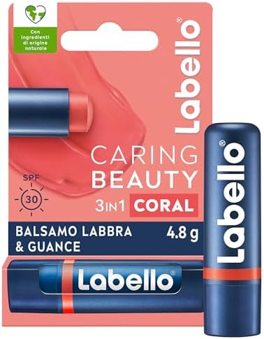 Labello Caring Beauty Lip & Cheek Coral 4.8 g, Burrocacao labbra e guance con una nota di colore corallo, Balsamo labbra colorato e blush stick 2 in 1, Lip balm idratante con protezione SPF 30