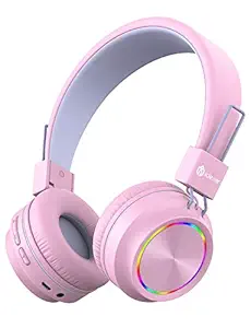 iClever Bluetooth Headphones for Girls, Kids Headphones with Mic, Children Headset for Kids School/Tablet/Laptop Stereo Sound Colorful LED Lights Bluetooth 5.0, Foldable, Pink