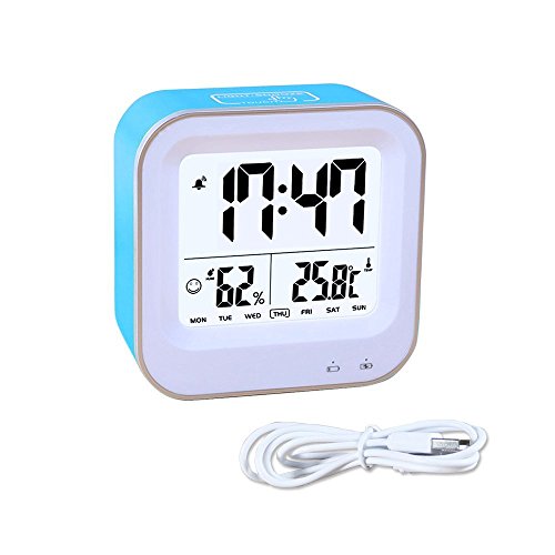 Schlafzimmer Wecker, samshow wiederaufladbar Wecker mit 12H oder 24h/Temperatur (C/F)/Luftfeuchtigkeit/Woche Display, Schlummerfunktion/Smart Nachtlicht Funktion blau - 7