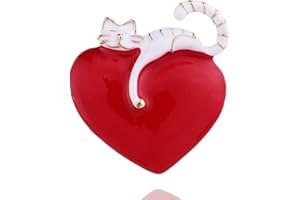IMINI Broche Chat Mignon Sur Le Coeur Pour Femmes Filles Plaqué Or Émail Rouge Amour Coeur Chaton Animal Broches Épinglettes Robe Accessoires Anniversaire Noël Bijoux Cadeau