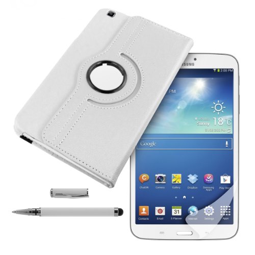 3in1 Set: kwmobile Hülle für Samsung Galaxy Tab 3 8.0 T3100 – 360° Standfunktion Case Tablet Schutzhülle Kunstleder – Smart Cover Tabletcase Weiß + Folie, kristallklar + Stylus, weiß - 8