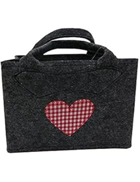 Filztasche dunkelgrau mit rot kariertem Herz und Henkel B38x T20 Höhe 30x45