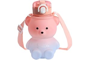 Labstandard Kawaii Bear Bouteille d'eau avec paille, 800 ml, étanche, en forme d'ours Kawaii avec ceinture, mignon dégradé coloré pour filles, école, bureau, voyage (rose bleu)