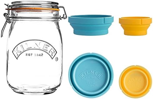 Kilner Clip Top Jar Round 1 Litre With 2 Measuring Cups Orange - Round Kilner Clip Top Jars Ideal For not only Food Preserving but Storing Dry Ingredients Including Rice.