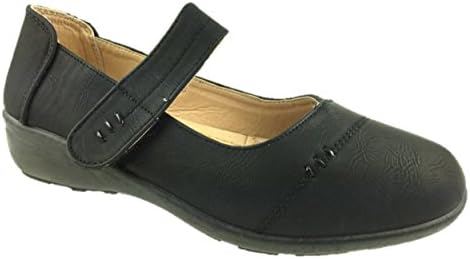 LADIES CASUAL SLIP ON COMFY MARY JANE LOW WEDGE SHOES PUMPS SIZE 3-8 (5, Black)