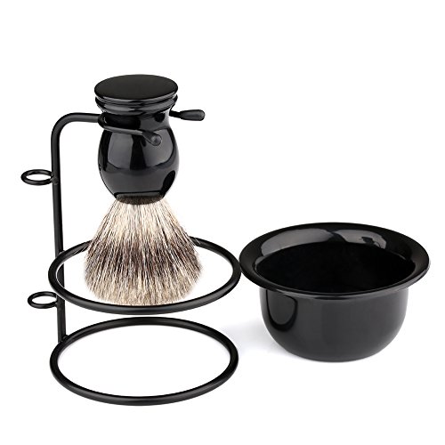 VERY100 Badger Shaving Brush + Metal Razor Holder Stand + Arcylic Bowl Mug Set