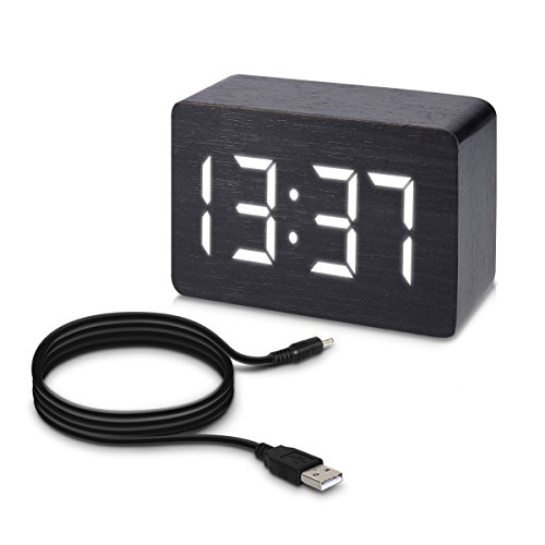 kwmobile Wecker Digital Uhr aus Holz klein mit Geräuschaktivierung, Temperaturanzeige und Tastaktivierung in schwarz mit weißen LEDs - 5