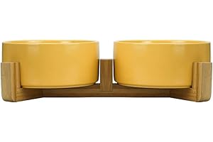 HCHLQLZ Amarillo Ceramica Comedero Perro y Comedero Gato - 2x850 ml - En un Elegante Soporte de bambú - También Adecuado para Perros Grandes/Grandes felinos