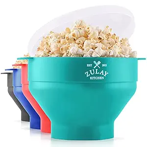 Zulay Kitchen Large Microwave Popcorn Maker - BPA Free Silicone Popcorn Popper Microwave Collapsible Bowl With Lid - Family Size Microwave Popcorn Bowl - Various Colors Available (Aqua)