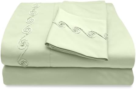 Veratex The Chenille Swirl Collection Contemporary 500 Thread Count 100% Cotton Sateen Pillowcase Pair with Embroidered Design, Standard Size, Sage