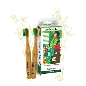teeth-a-bit The Pledge Toothbrush Kids (5-8 Years) Hefty Handle with Gum Sensitive Soft Bristles Pack of 2 Kids Bamboo Toothbrushes (Forest Green)