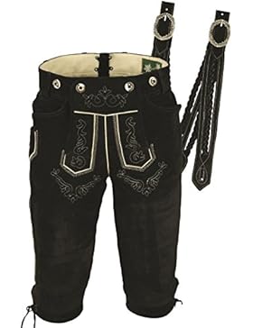 Trachtenlederhose Herren- Damen Kniebundlederhose -Trachten Lederhose mit Träger in Schwarz- Trachtenhose Knielang...