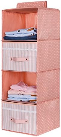 Collapsible Hanging Wardrobe Storage Shelves, 4-shelf Hanging Closet Organiser with Drawer, 4-tier with 2 Drawer,Shoe Rack,Suit for Clothes, Sweaters,Durable Storage Rack (Pink Dot)
