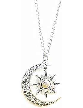 Halskette, lang, mit filigranem Anhänger,Sonne und Mond, Vintage-Stil, Silber