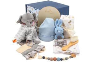 NASTOPEE 12 Pièces Cadeau Naissance Garcon,Coffret Naissance Garcon,Cadeau Baby Shower Pour Garçon,Avec Bavoir,Doudou,Couverture,Bavoir,Chaussettes,Foulard Triangulaire Et Rotin En Bois (Gris)