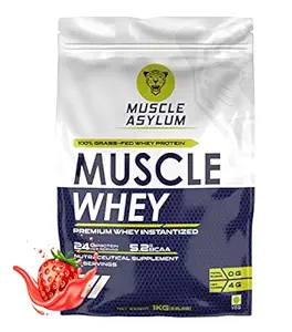 Muscle Asylum- Muscle Whey 100% Whey Protein - 24g Protein, 5.29g BCAA - Strawberry (29 Servings) - 1 Kg (2.2Lbs)