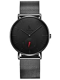 Alienwork Herren Damen Armbanduhr Quarz schwarz mit Milanaise-Mesharmband Edelstahl Ultra-flach Slim-Uhr