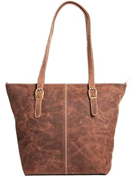 ALMADIH Leder Damentasche M27 braun Vintage aus Rindsleder mit Laptopfach - Ledertasche Schultertasche Shopper...