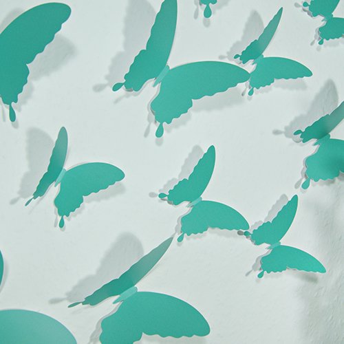 Wandkings Schmetterlinge im 3D-Style in TÜRKIS, 12 Stück, Wanddekoration mit Klebepunkten zur Fixierung - 3