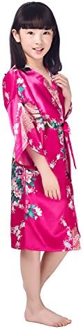 JZLPIN Childrens Girls Peacock Robes Satin Kimono Sleepwear Fashion Bathrobe Nightgown Rose Size 6 - (height 90-100cm)