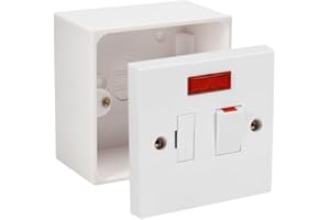 SDFIXINGS Fused Spur Side Flex 13Amps White Electrical Connection Unit - Optional Neon Indicator, Single 25/35/45mm Pattress Back Box Surface Mounted 1 Gang (Switched Fused Spur with Neon, SET with 45mm Box)