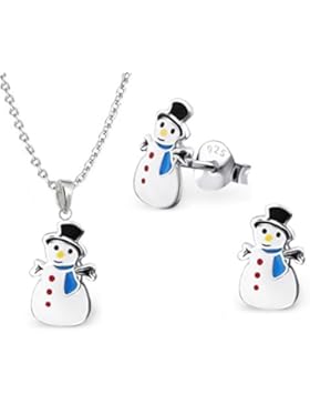 GH1a Schneemann OHRSTECKER + KETTE + ANHÄNGER 925 Echt Silber Kinder Mädchen Ohrringe Geschenkidee SET