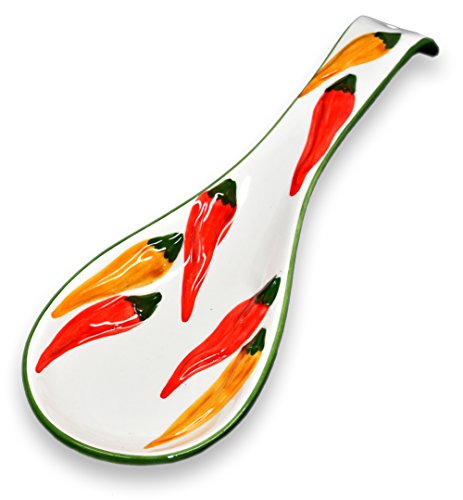 handgemachte Löffelablage aus italienischer Keramik mit Reliefdekor im Pepperonidesign, Löffelhalter ca. 28 cm