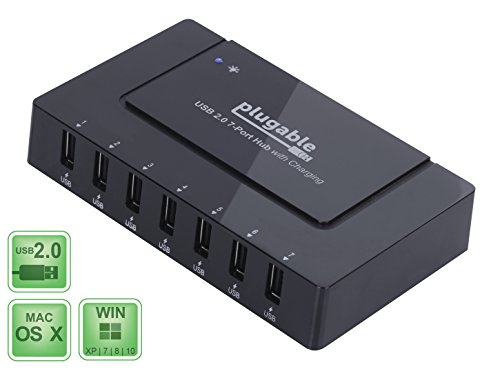 Plugable USB 2.0 7-Port Hub und Schnellladegerät mit 60W Netzteil für EU und GB (BC 1.2 Aufladefunktion für iOS, Android, Windows Mobile uvm.)