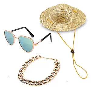 YESSART Pet Dog Cat Costume Fashion Sunglasses Gold Chain Collar Hat Set of 3