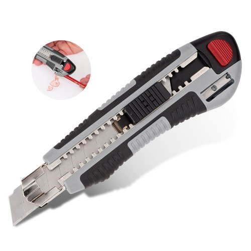 KREATOR Cuttermesser Teppichmesser 18mm Abbrechklinge mit Auto Lock Funktion 5x Ersatzklingen Autoload und Bleistiftspitzer im Griff - KRT000304