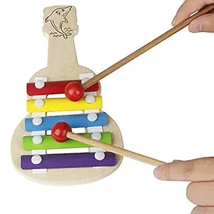 Haleema Wooden Xylophone Guitar Shaped Musical Toy for Children with 5 Note Pack of 1- Multi Color