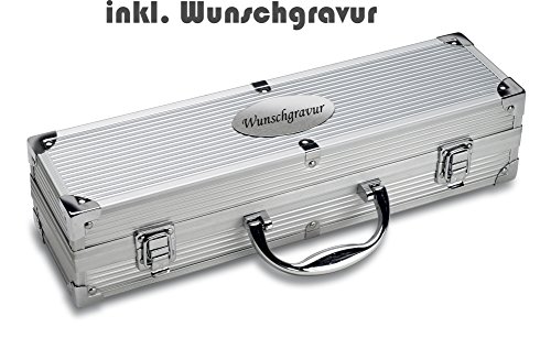 Hochwertiges Edelstahl Grillset / Grillbesteck inkl. Wunschgravur im Alukoffer REFLECTS Tampico Silber graviert - 2