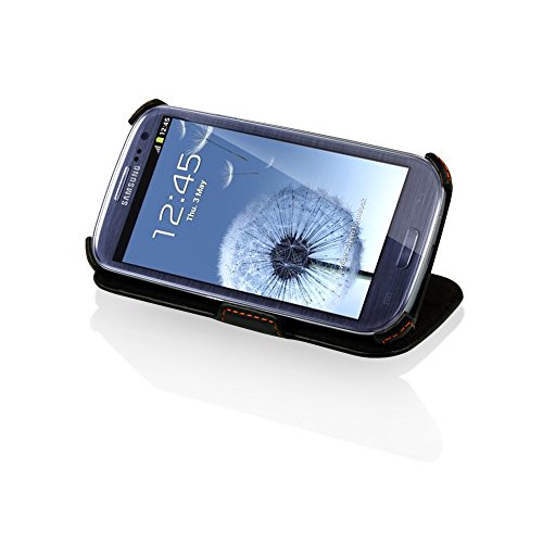 Manna Samsung Galaxy S3 Hülle Case Leder Tasche Etui Schutzhülle| Feinstes Nappaleder „Astana“ | EasyStand | schwarz, mit farblich abgesetzter Naht im sportlichen Design - 4