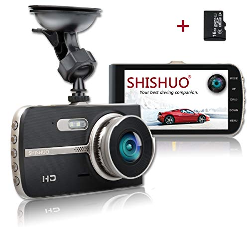 SHISHUO Cámara de Coche - Pantalla IPS Grande de 4 Pulgadas 1080P Dash CAM de Registrador de Conducción en Vehículo con Tarjeta Micro SD de 16 GB, Sensor-G Incrustado, Detección de Movimiento