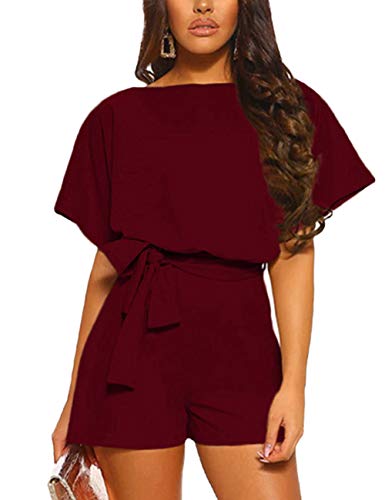 FeelinGirl Mujer Mono Corto Liso de Manga Corta Verano Sexy Espalda Descubierta Un Hombro Burdeos L