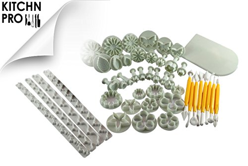KitchnPro Fondant Set - 146 / 54 / 46 / 33 / 11 / 3 teilig - mit Ausstecher, Ausstechform, Auswerfer, Stempel, Modellierwerkzeug, Glätter, Randverzierung ideal für Fondant, Marzipan und Tortendeko (46 Teile)