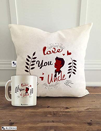 alDivo Premium Quality Love You Uncle Printed Combo Gift Pack (12" x 12" Cushion Cover with Filler + Printed Mug)