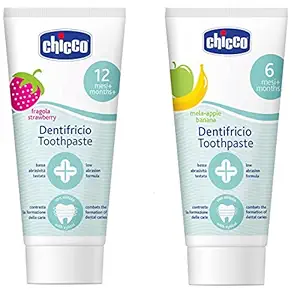 Chicco Toothpaste, Strawberry Flavour For 12M+ Baby, Fluoride Free, Preservative Free (50 Ml)&Toothpaste (Mela-Applebanana), 50Ml