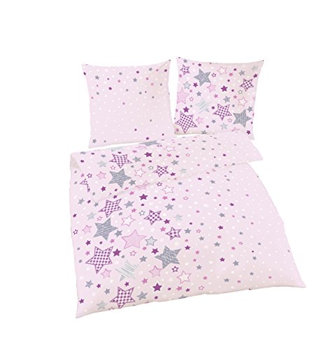 Fein Biber Bettwäsche Sterne Stars in rosa lila grau 2 tlg. – Größe 80×80 + 135×200 cm – hergestellt in Deutschland - 2