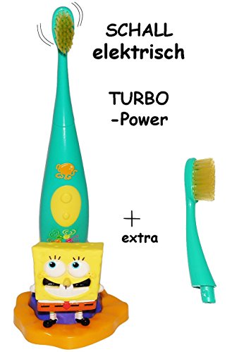 Preisvergleich Produktbild Unbekannt 3 TLG. Set: elektronische SCHALL Zahnbürste - Spongebob Schwammkopf - Schallzahnbürste - incl. Zahnbürstenhalter & extra Bürstenkopf / Aufsatz - Kinder & ..