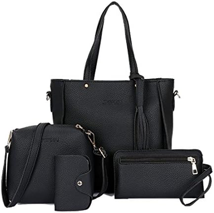Womens 4 Pcs Shoulder Bags Top-Handle Handbag Tote Purse Set (Black)
