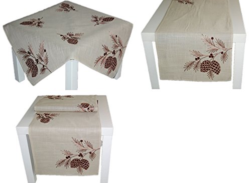 EDEL-rustikale-Tischdecke-Tischlufer-Beige-TANNENZAPFEN-braun-gestickt-Deko-fr-Herbst-Winter-und-WEIHNHACHTEN