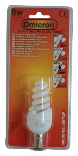 Preisvergleich Produktbild Omicron Energiesparlampe, spiralförmig, T2 Bayonettsockel, 9 W, klein, fluoreszierendes Licht